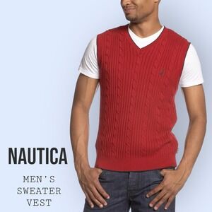 NAUTICA Men's Red Cotton Cable Knit‎ Sweater Vest, Large